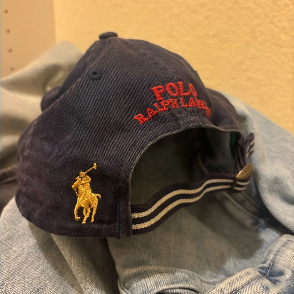 Polo Ralph Lauren Navy Crest Baseball Cap with Green & White Stripe